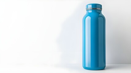 A blue reusable water bottle with a silver cap standing on a white surface backdrop