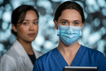 Two diverse healthcare professionals wearing masks in a modern medical setting