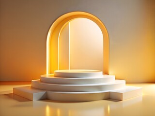 A modern white podium with a golden archway, perfect for product display or award ceremonies