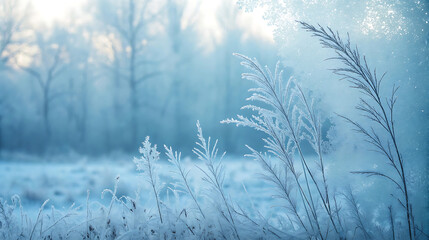 A frosty winter scene with grass covered in ice and snow in the morning