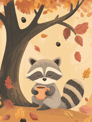 A soft autumn scene with a raccoon and a warm drink under a tree, ideal for seasonal greeting cards or printable autumn messages
