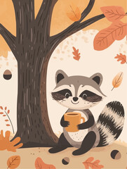 An autumn raccoon enjoying tea under a tree, suitable for cozy seasonal packaging and gift product decoration