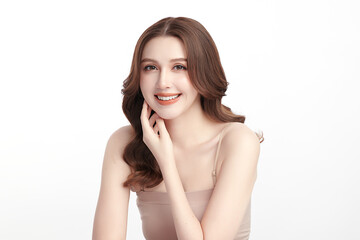 A beautiful young Asian woman with clean, fresh skin against a white background. Skincare, facial...