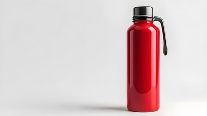 A red water bottle with a black lid and silver handle stands on a white background