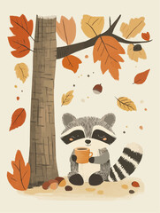 flat naive cartoon autumn poster of a small raccoon sitting under a tree with a warm mug, falling leaves and acorns around, cozy forest atmosphere, soft rounded shapes, flat clean fill, limited pastel