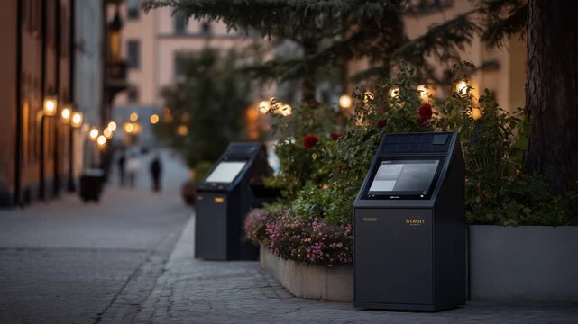 Solar-powered smart waste bins with sensors provide real-time fill-level alerts for efficient waste management in city centers.