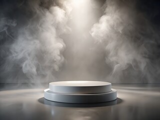 A dramatic stage with a spotlight and smoke, featuring a circular podium for presentations