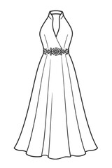 Fototapeta premium Halter Neck Gown with Embellished Waist - Fashion Vector Outline