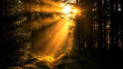 Magical Sun Rays Illuminating Forest Trail at Sunrise