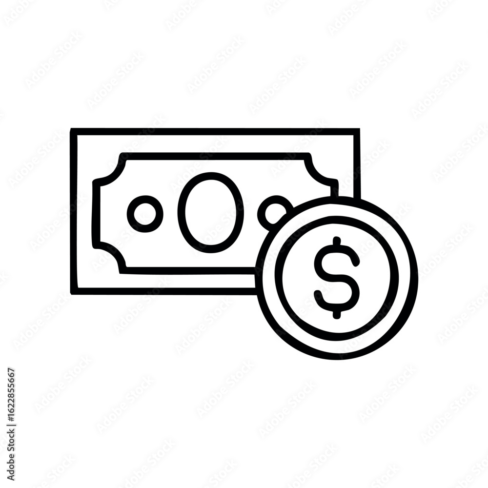 Poster outline of a dollar bill and coin symbolizing finance and currency concepts – stock vector icon in l