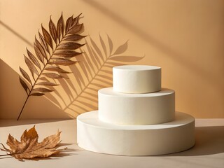Autumnal studio display with a tiered pedestal, dried leaf, and palm frond casting shadows