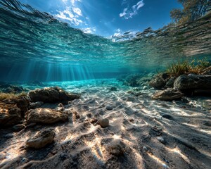 Underwater riverbed sunlight