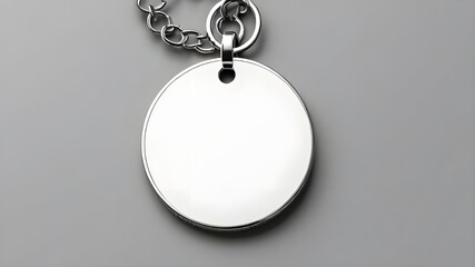 Close up of a silver round pendant with a chain on a gray surface in a studio shot