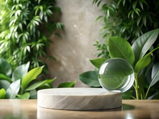 Nature display with a glass sphere on a stone pedestal surrounded by lush green plants
