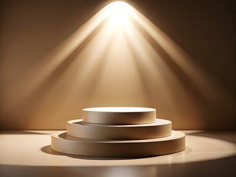 Spotlight illuminates a tiered pedestal display on a warm, neutral studio background with dramatic shadows