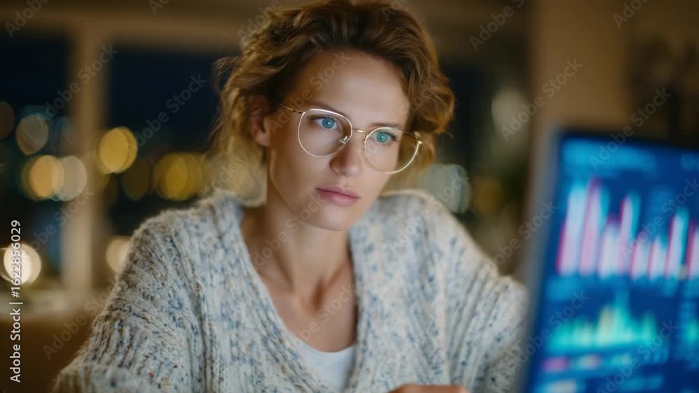 Poster a remote worker in glasses analyzes data charts on a computer screen in a home study.