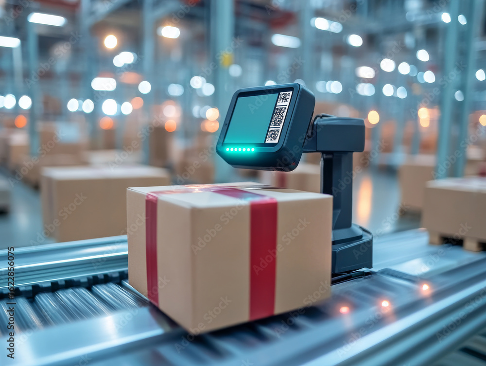 Poster barcode scanner reads package on conveyor belt in warehouse, showcasing efficient logistics and auto