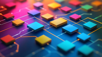 Colorful flowchart with decision blocks and arrows creates vibrant and dynamic visual. interconnected shapes and lines illustrate complex process or system