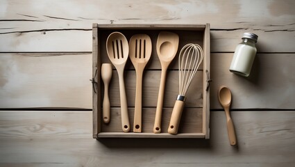 Rustic wooden kitchen utensils and a small glass bottle of salt on a weathered wooden background