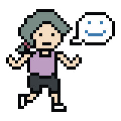 Pixel cartoon run exercise cute cartoon 8bit character woman lady run running jog cardio lifestyle decoration life style 8 bit female jog marathon exercise game 8 bit game vector.