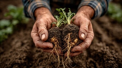 Farmer's hands gently holding freshly planted seedling with visible roots symbol of growth and nurturing

