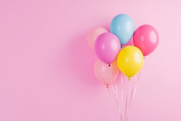 Colorful balloons on a pink background, a birthday party decoration for children or adults. Vibrant pastel colors, minimalist concept with copy space
