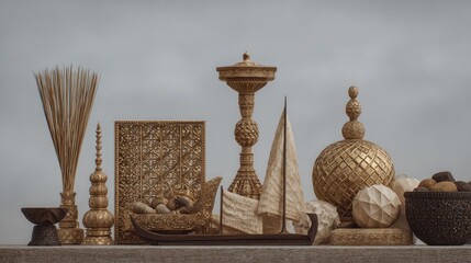 Artistic still life with intricate golden artifacts evoking Southeast Asian culture