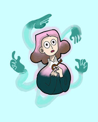 Surreal Woman Holding Key Surrounded by Mysterious Hands