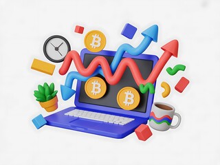 Vibrant 3D laptop illustration: Bitcoin cryptocurrency market growth, upward trends, playful style.