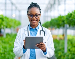 green background Happy young Caucasian doctor woman in stylish eyeglasses and white coat typing on digital gadget, using tablet fir online medical communication, chatting with patients