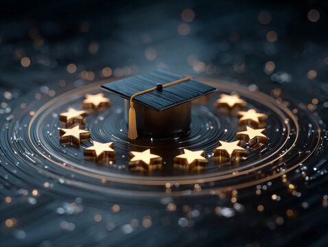 Graduation cap surrounded by golden stars on digital, futuristic background symbolizes achievement and success in education. scene is illuminated with soft, glowing light