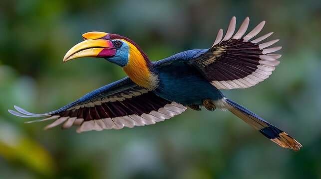 Rufous hornbill in flight showing its vibrant plumage and distinctive beak against a green backdrop