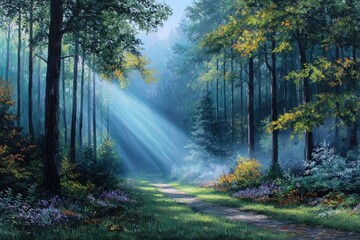 Obraz premium Sunlight path through misty forest