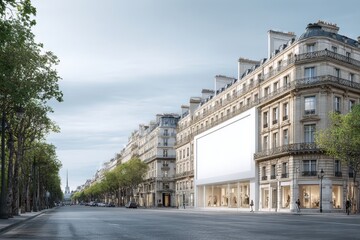Naklejka premium White blank billboard mockup on Paris Champs avenue, classic buildings in background above fashion shops, perfect city advertising template for marketing