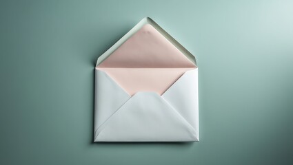 Open white envelope with light pink paper lining on a textured blue green background