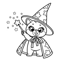 Cute cartoon kitten wizard in hat and cloak with a magic wand outlined for coloring page on white background