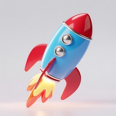 Playful Red and Blue Cartoon Rocket Ship Launching, 3D Render