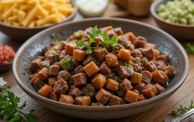 Comforting Beef and Carrot Stew with Herbs, Served in a Ceramic Bowl