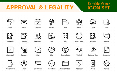 Approval and legality icons in outline style. Includes thin line vector icons for legal documents, verification, certification, signatures, consent, and compliance.