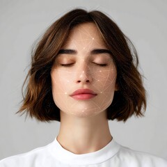 personalized AI self care A close-up portrait of a woman with facial lines Woman with digital facial patterns and calm expression. showcasing beauty and skincare concepts