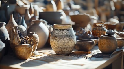 Artisan pottery collection showcasing handcrafted vases, bowls, and vessels
