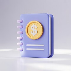 Periwinkle 3D Render:  Spiral-Bound Notebook with Gold Dollar Coin, Minimalist Finance Concept.