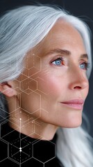 personalized AI self care A close-up portrait of a woman with facial lines Elegant woman with silver hair and deep gaze. showcasing beauty and skincare concepts