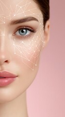 personalized AI self care A close-up portrait of a woman with facial lines Stylized portrait of a woman with digital overlay. showcasing beauty and skincare concepts