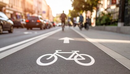 Bicycle lane with white painted bike symbol and arrow on asphalt, with cyclists and cars in the blurred background on a sunny day.
