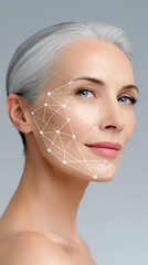 personalized AI self care A close-up portrait of a woman with facial lines Woman with youthful skin and digital overlay. showcasing beauty and skincare concepts