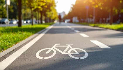 A dedicated bicycle lane marked with a white bicycle symbol, running through a park-like setting with trees and sunlight.