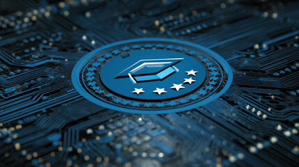 Digital badge featuring graduation cap and stars is set against circuit board background, symbolizing intersection of education and technology