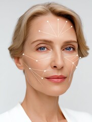 personalized AI self care A close-up portrait of a woman with facial lines Woman's face with facial mapping lines displayed. showcasing beauty and skincare concepts