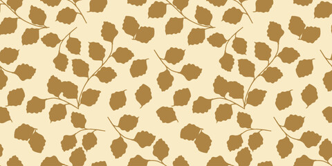 Seamless pattern of green silhouettes of aspen branches on light background. Perfect for printing on fabric, wrapping paper, stationery and wallpaper